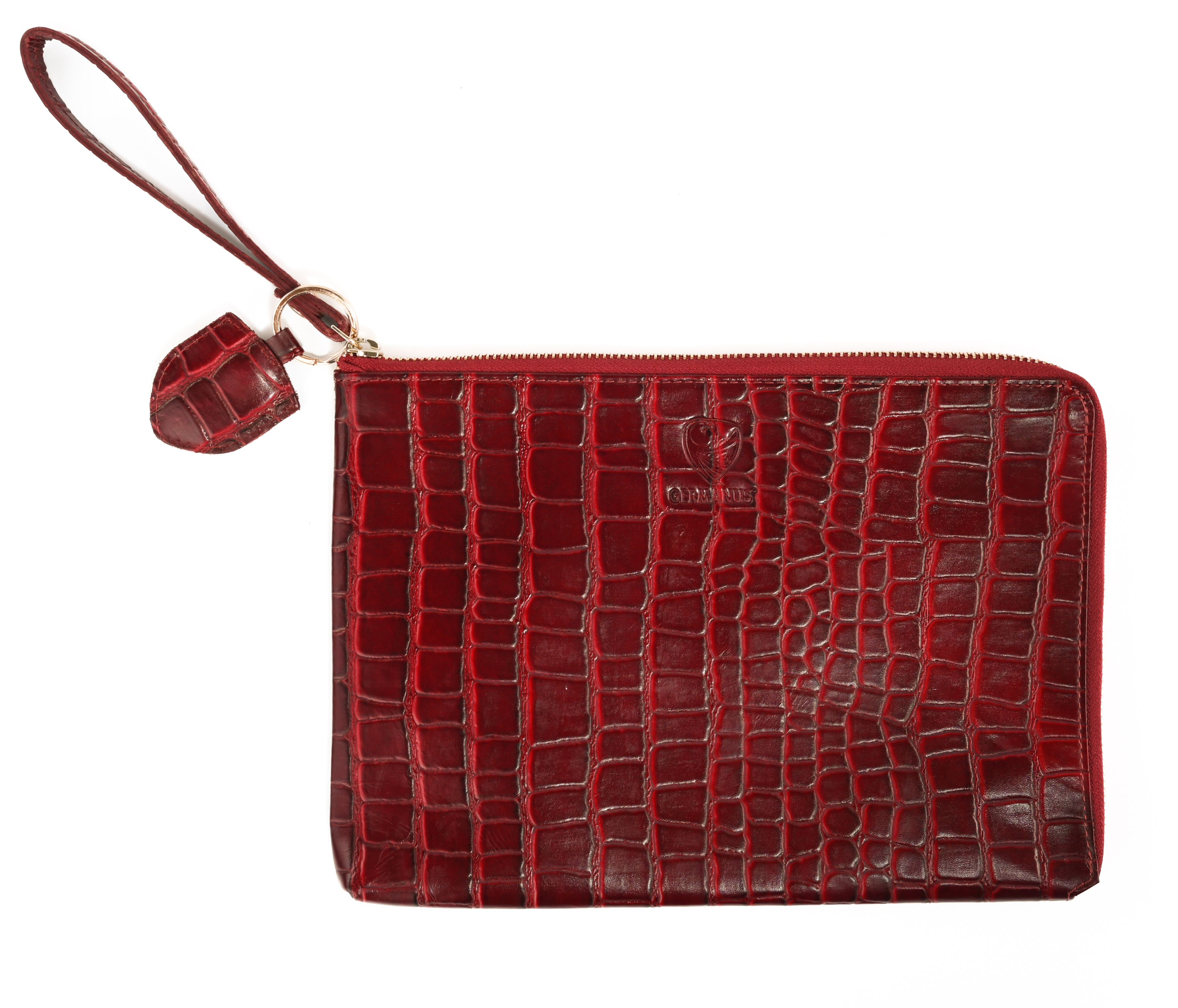 GERMANUS Clutch und Schlüsselanhänger Set Ella, Wristlet, Handgelenktasche, Leder Croco Rot